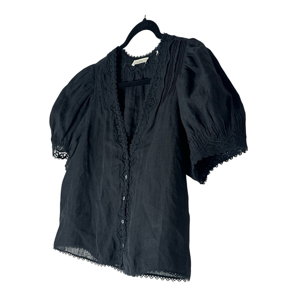 DÔEN Brigitta Lace Trim Top Womens Small Black Short Sleeve Ramie Coquette - Picture 7 of 13